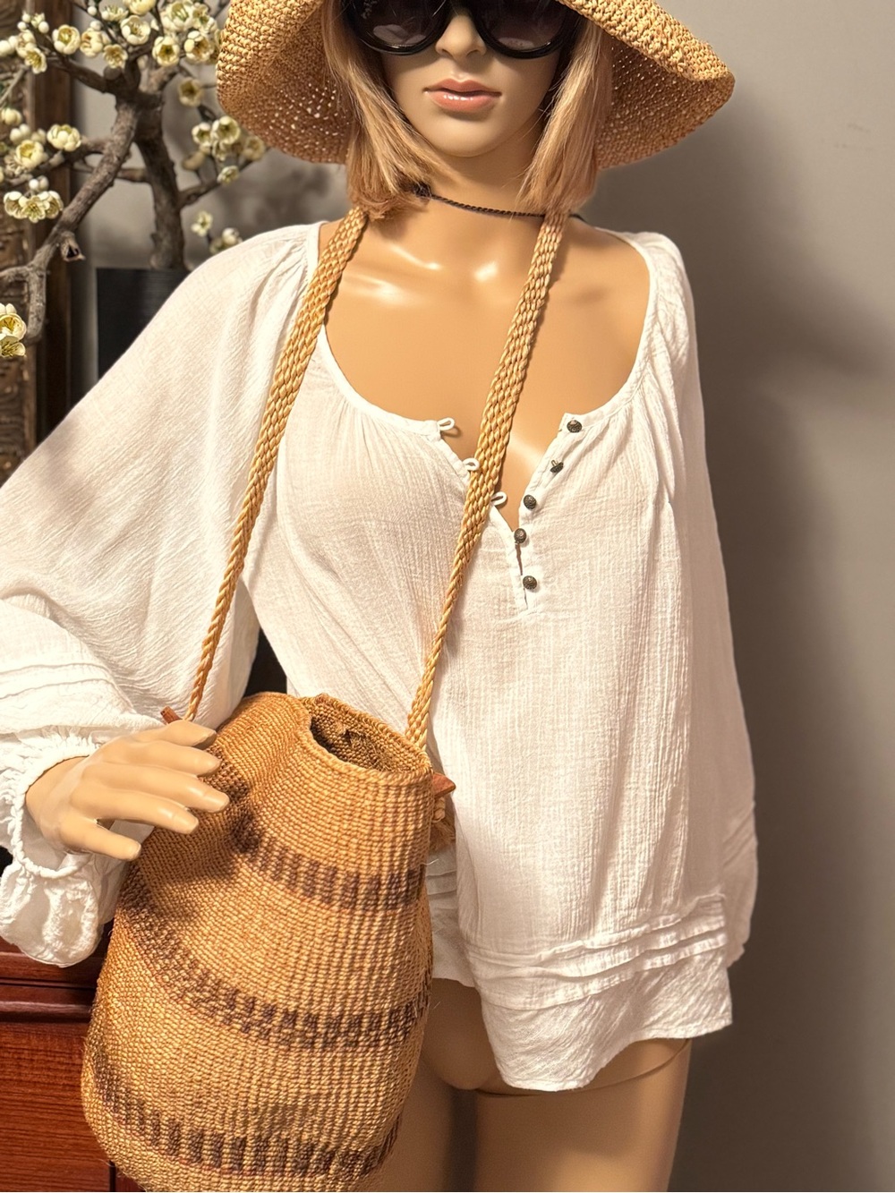 Vanessa Virginia Boho Women’s White Button Henley Peasant Top